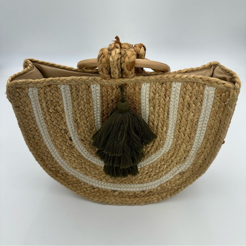 World Market Rattan Woven Bag, Wooden Handles and Tassel